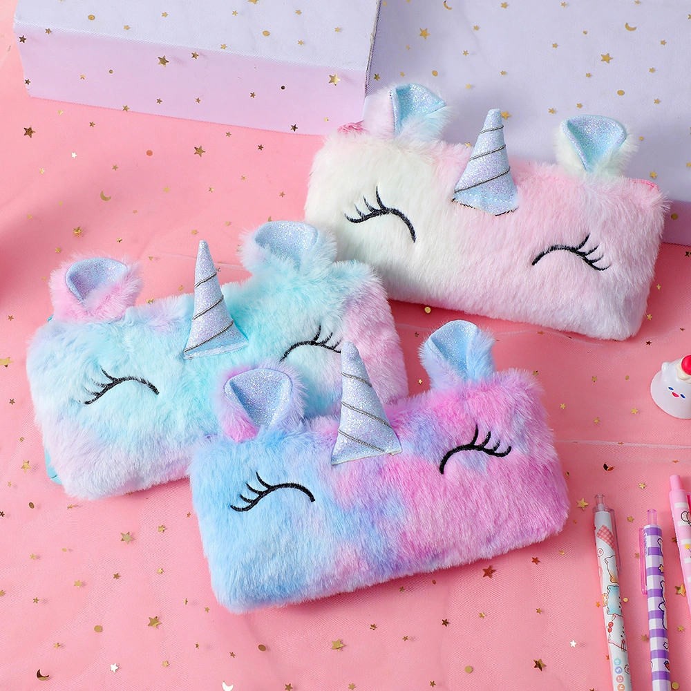 Caneta de peluche para estudantes de atacado, estojo de cartoão, Creative Gift Unicorn Sacos