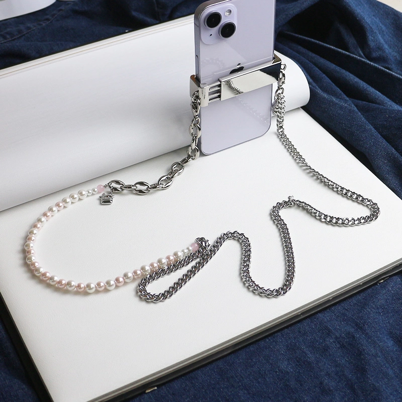 Cow Charm Bead Metal Chain Mobile Phone Clip Universal Heart Shape Pearl Messenger Strap Mobile Phone Case Accessories