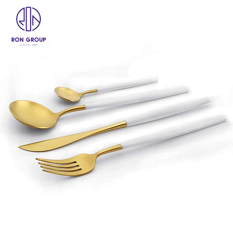 Western Restaurant Hotel Kitchen Silverware Knife Spoon Fork Solid White Handle with Gold Flatware Stainless Steel Cutlery