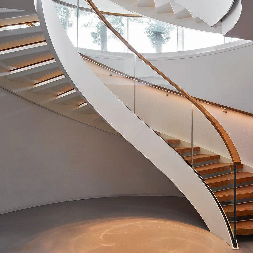 Luxury Villa Commercial Curved Wood/Glass/Marble Staircase Metals Stairs with LED Light