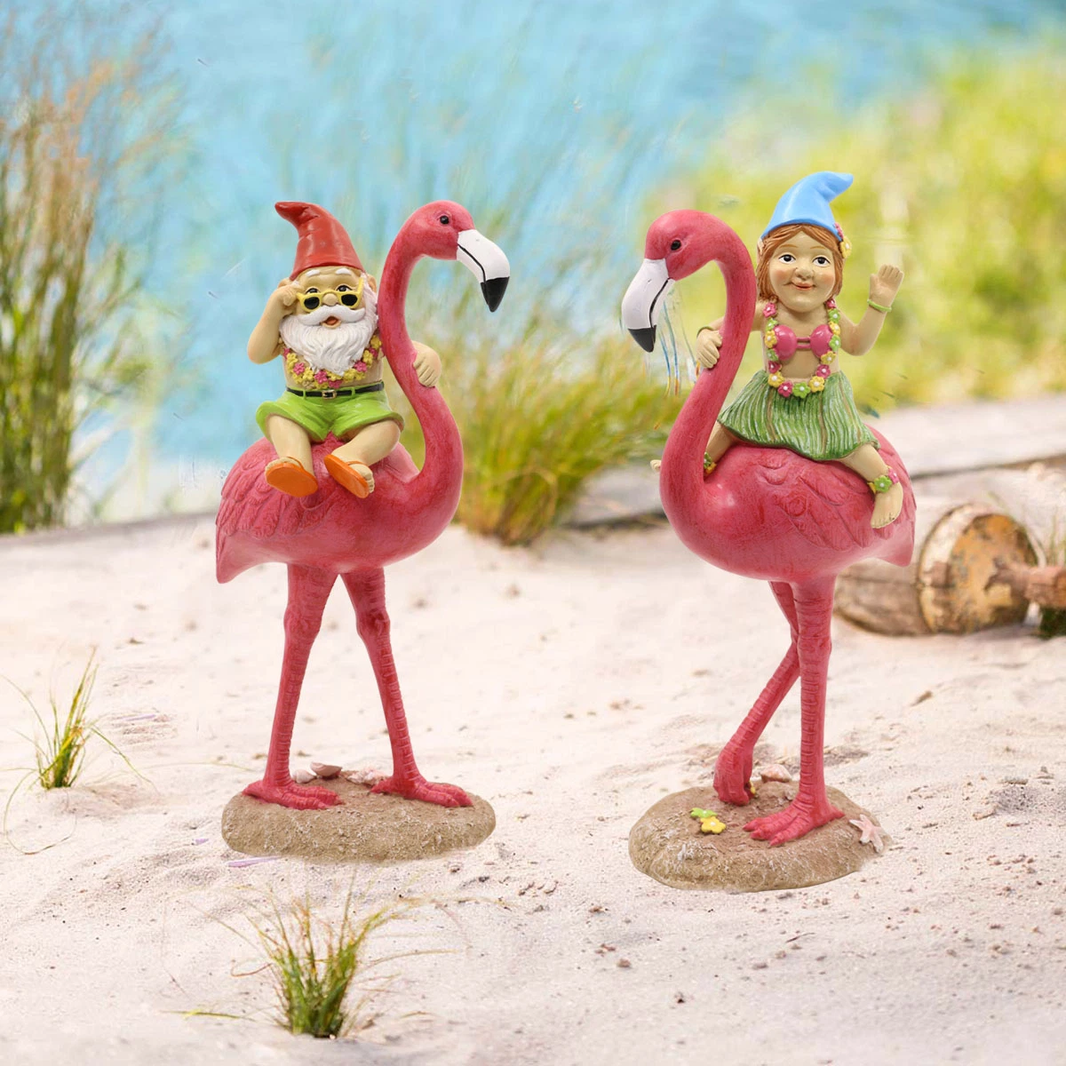 Nains de jardin drôle Riding Flamingo Statue, adorable Hawaii Gnome Figurine Yard ornement