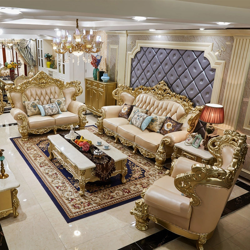 Wohnzimmer Klassisches Luxus Holz Leder Sofa mit Marmor Couchtisch in Optionaler Couch Sitze und Möbel Farbe
