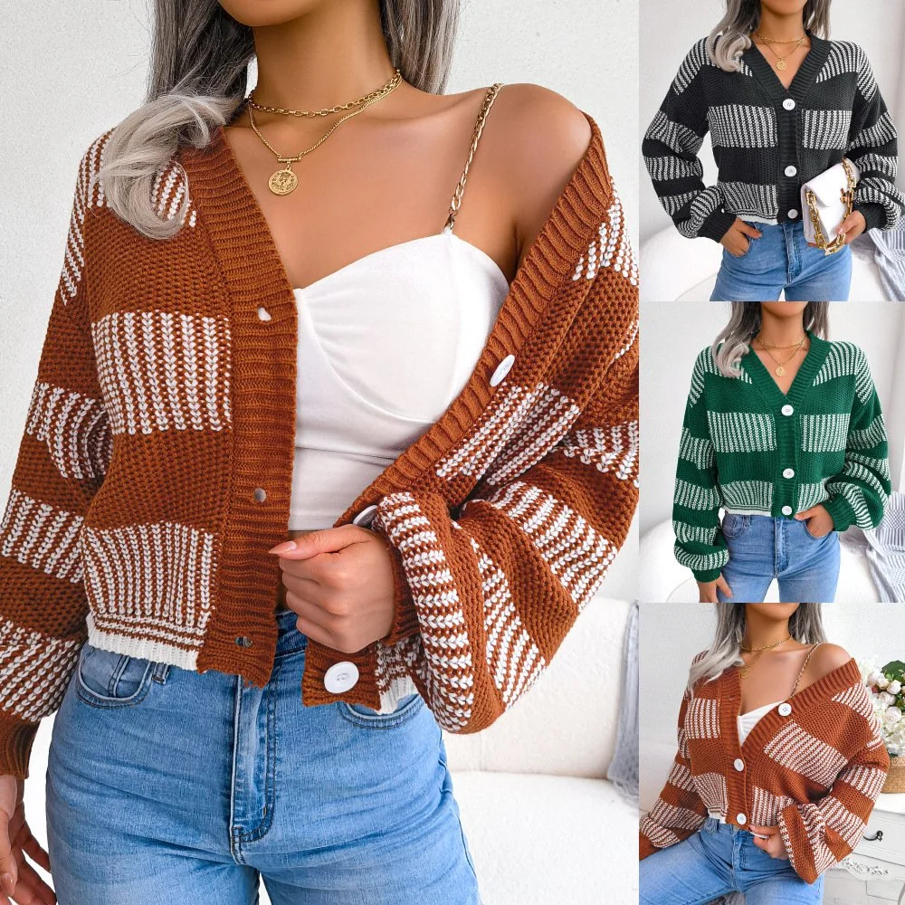 NET Red Wind Real Shot Herbst und Winter Mode Kollision Farbe Gestreift Lantern Sleeve Cardigan Pullover Mantel Damenbekleidung