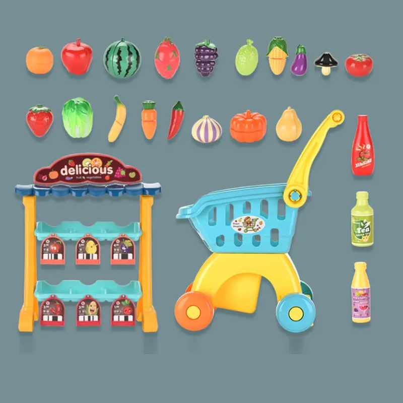 Play House Toy Combination Educational Plastic Pretend Play Shopping Game Mini Fruit Cart Colorful Educational Kitchenware Toys Kitchen Sets