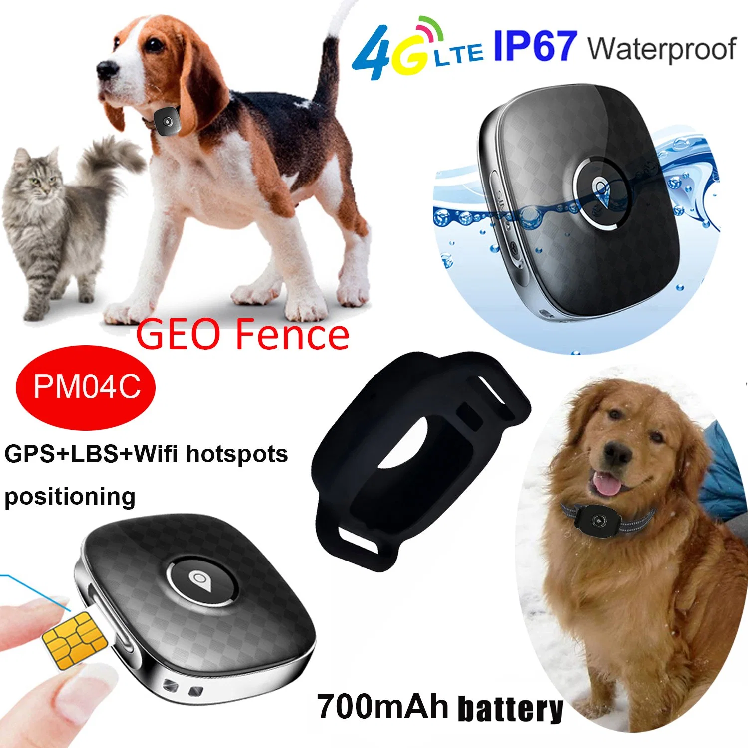 وصول جديد 4G LTE IP67 جهاز تعقب Pet GPS مقاوم للمياه مع الاستماع ميزة الجدار الجيولوجي للجرو Cat Safety Monitor PM04C