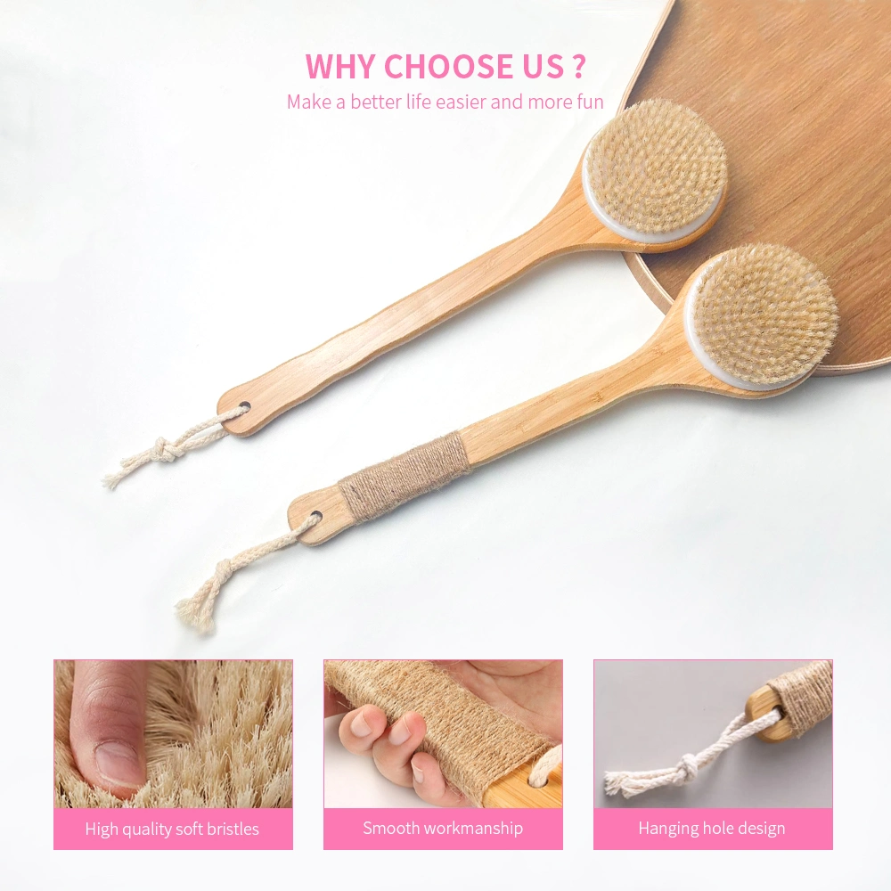 Natural Boar Bristle Long Handle Dry Wet Bath Body Brush Shower Brush Soft Comfortable Bath Body Brush