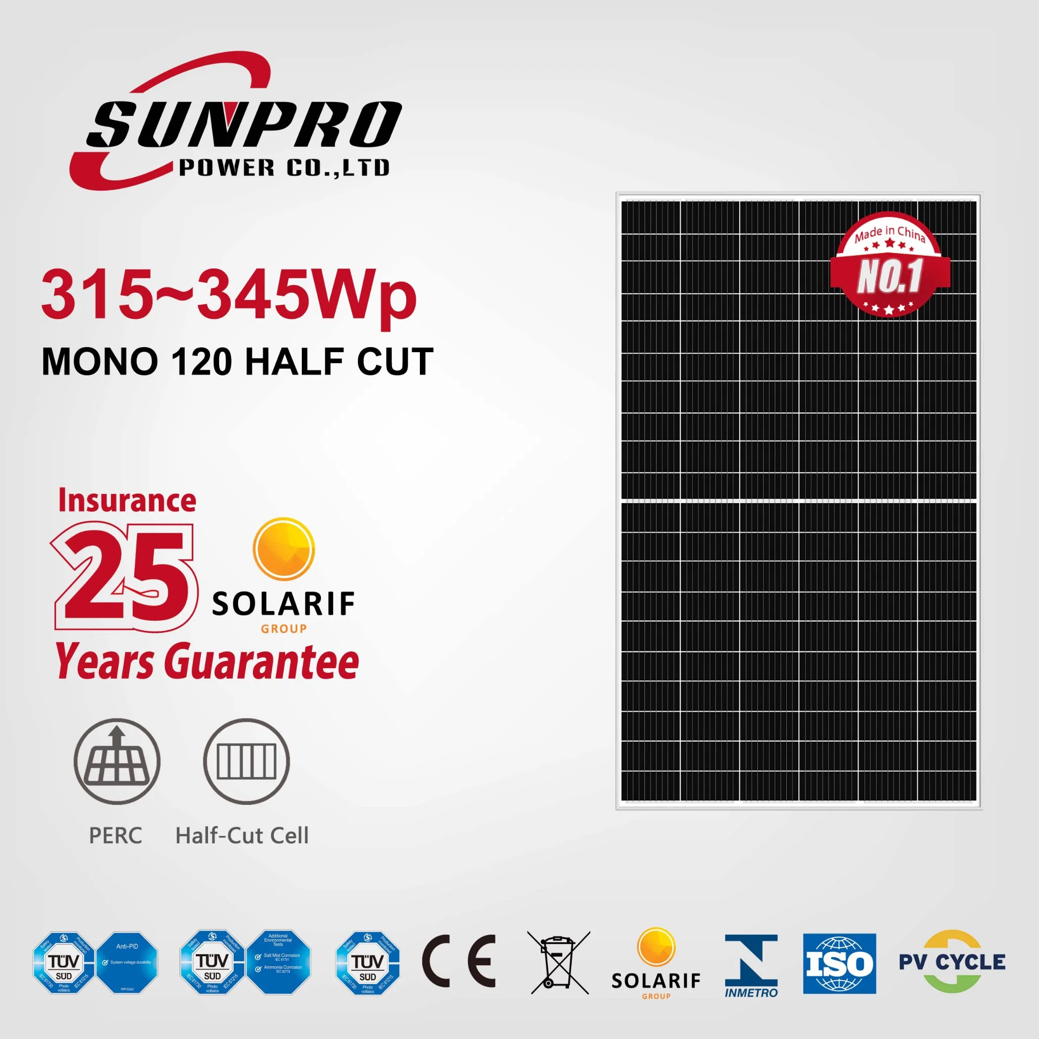 Sunpro Power Haute Puissance 330W 335W 340W 345W 350W Panneau Solaire Mono 158mm G1 120 Cellules Solaires Monocristallines à Demi-Coupe PV Énergie Puissance