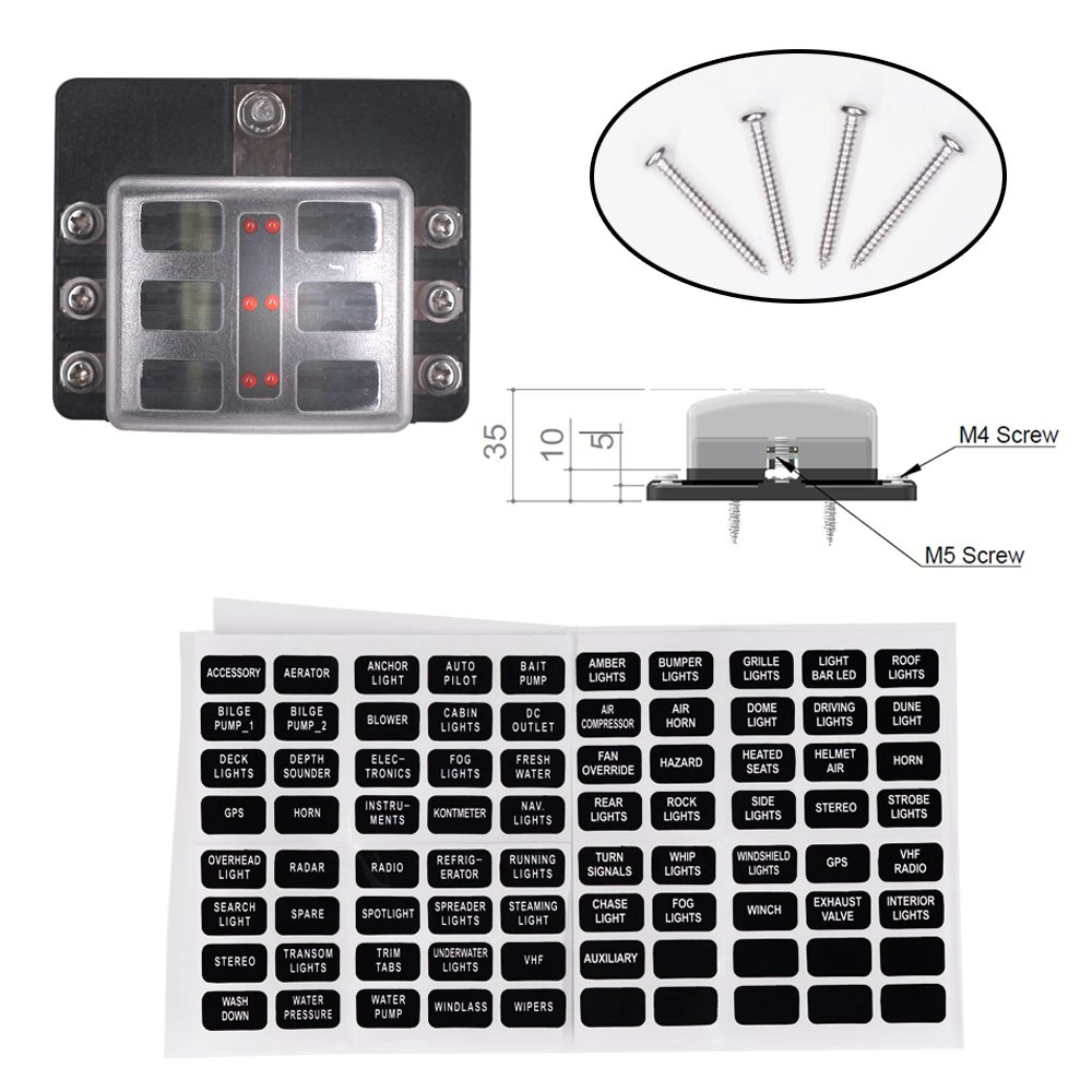 6 vias do bloco de fusíveis de Terminal de parafuso&amp;Ntraço Caixa de Fusíveis Titular Atc/ATO com luz LED de indicação e tampa de protecção, 70 PCS Stick Label