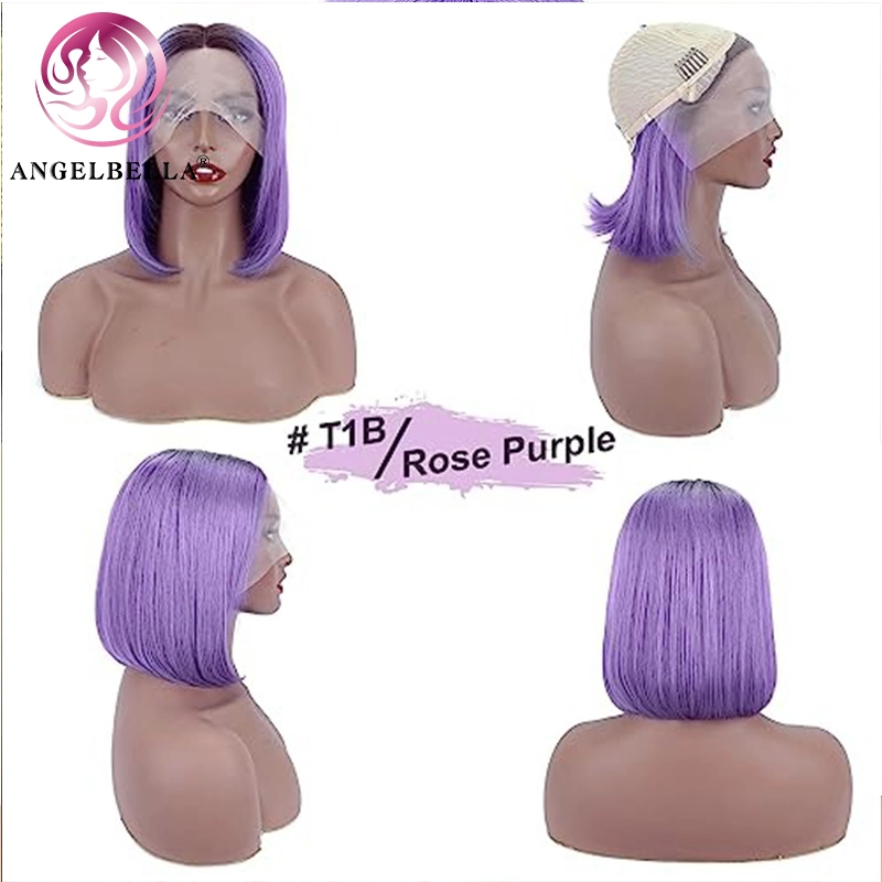 Angelbella Cabello de alta calidad Wig 1b# frente de encaje frontal púrpura Pelo humano Wigs Cabello brasileño barato