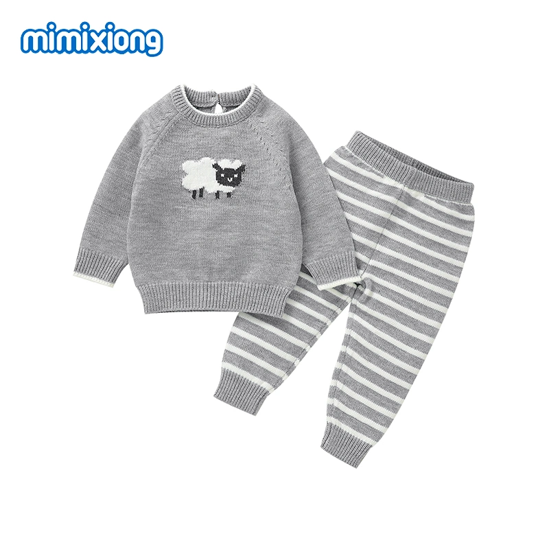 Comercio al por mayor trajes de ropa de bebé conjunto pantalones pantalones de rayas Jersey animales ovinos conjunto Bebé