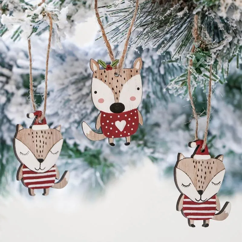 2023 Christmas Decor Crafts Red Fox Wooden Pendants Toy Hanging Decorations