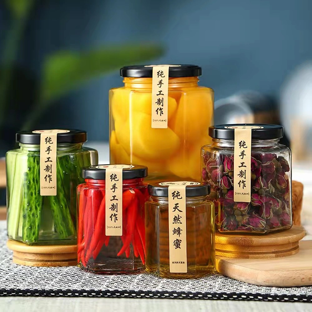 180ml Clear Hexagon Bee Honey Jar Jam Jar Empty Hot Sauce Canning Food Storage Container Glass Bottle with Screw Tinplate Lids