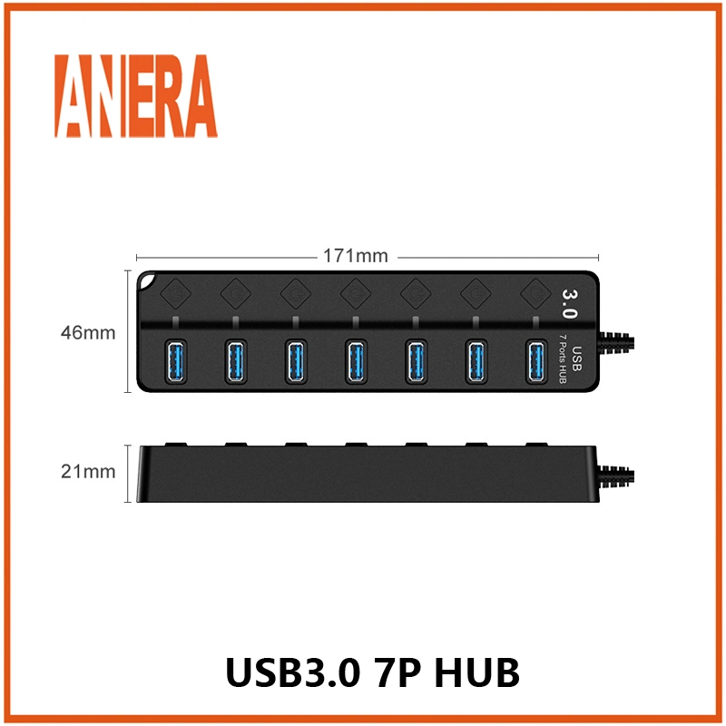 محور USB3.0 عالي السرعة بـ ANERA ذو 7 منافذ مع محول فردي صغير الحجم محمول بسرعة 5 جيجابت في الثانية