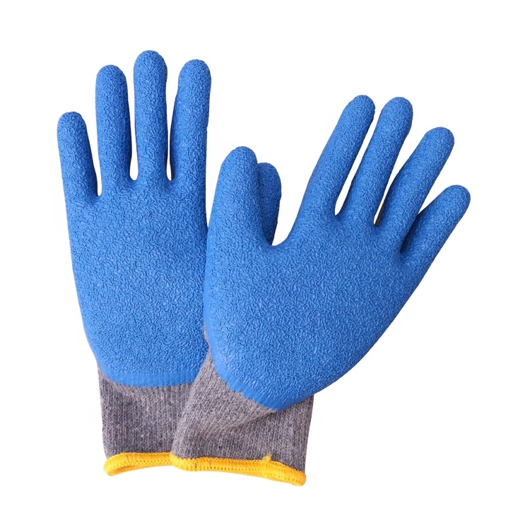 Blue Latex Grey Cotton Yarn Crinkle Finished Latex Coated Cotton Wrinkle Gloves