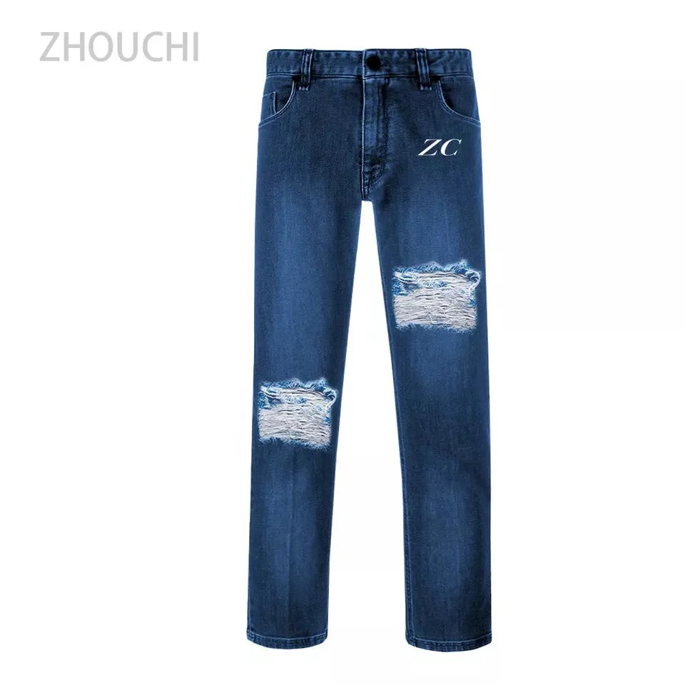 New Fashion Straight Tube Streetwear Mens Destroyed Denim Slim Ripped Vintage Multi Color Jeans Pants