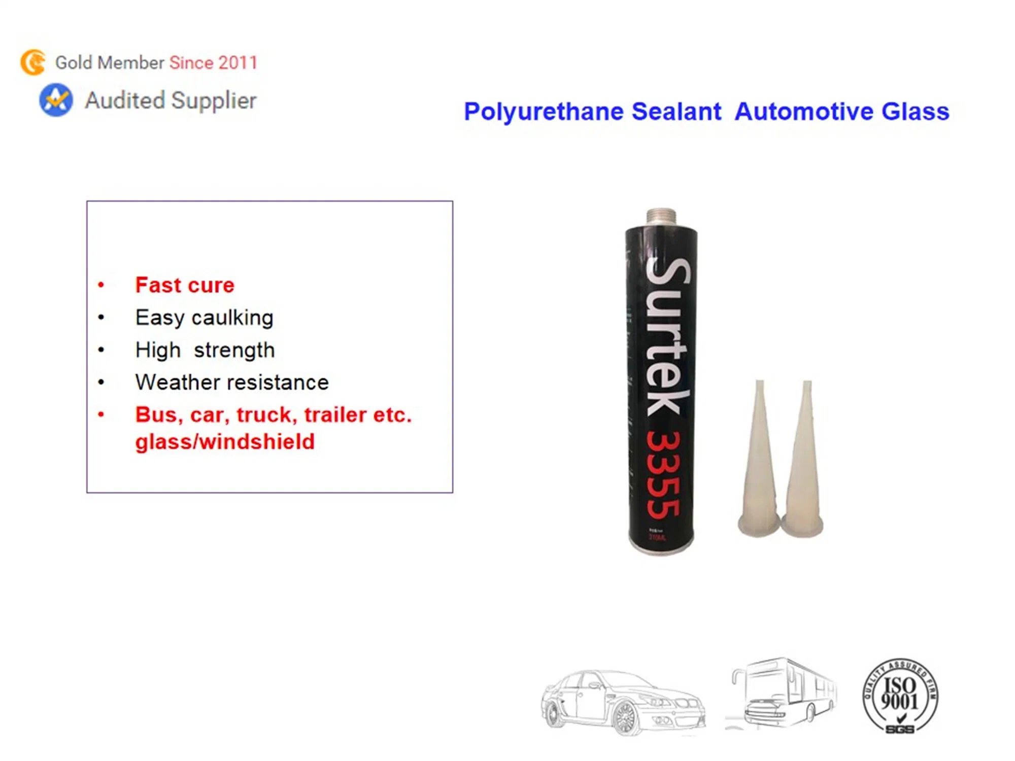 UV Resistance Fast Cure Automotive Glass Replacement Polyurethane Adhesive Sealant (Surtek 3355)