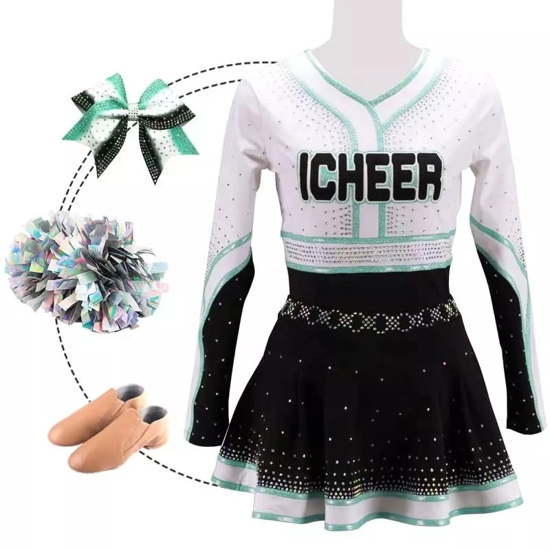 New Design Custom Pattern Kids Rhinestone Cheerleading Uniforms Cheer Competitions Uniform Costume Wear Women OEM Unisex