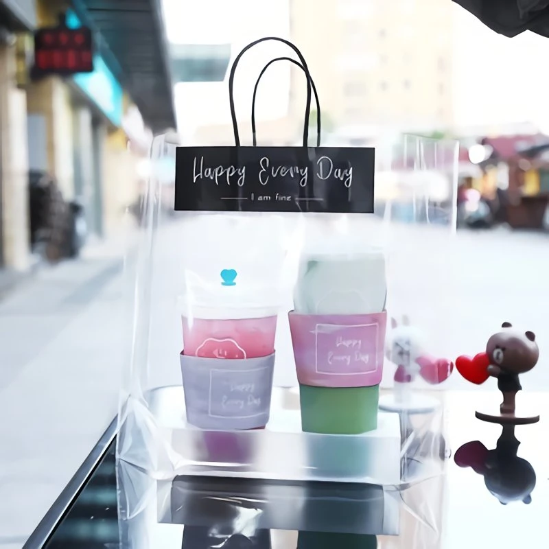 Transparent Soft PVC Gift Tote Packaging Bags with Handle Drink Milk Tea Clear Plastic Handbag