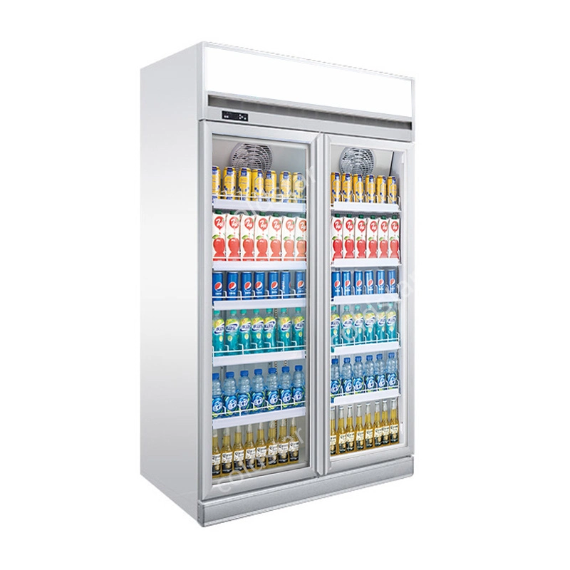 Supermarket Air Cooling Beverage Cooler Double Tempered Layer Glass Door Display Freezer Commercial Refrigerator
