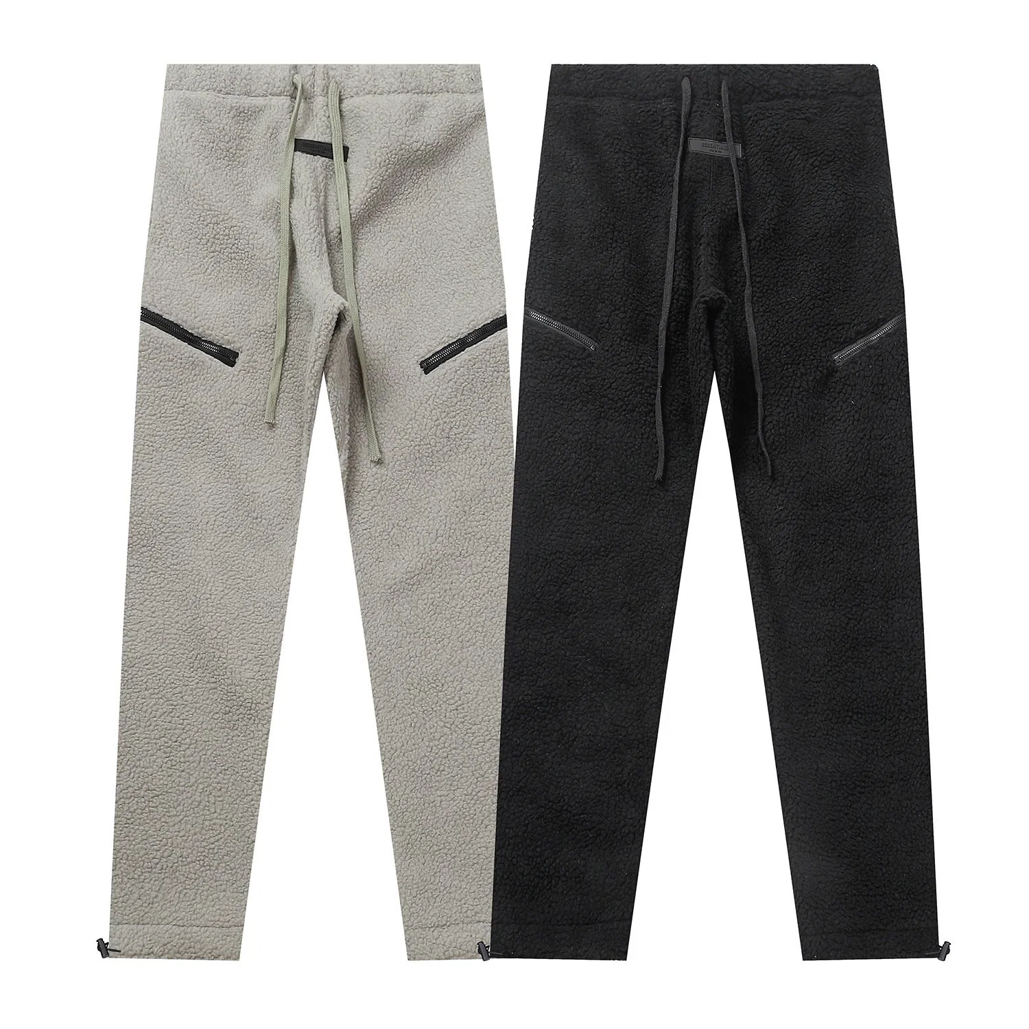 Elastic Waist Custom Logo Patch Zip Pockets Fleece Pants Trousers Men