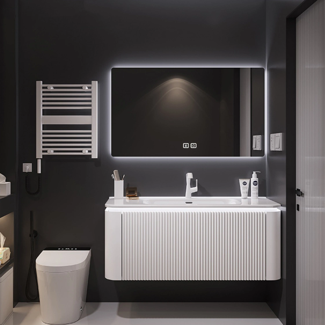 2022 Luxus Hotel Lieferant Modernes Design Spiegel Make-Up Eitelkeit Set Badezimmer Kosmetikschrank mit Waschbecken Badezimmermöbel