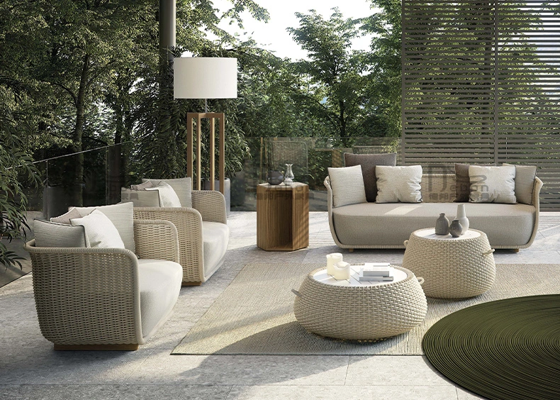 Sofá de jardín moderno mobiliario exterior Patio Ocio Sofá conjunto cuerda Asiento de tela