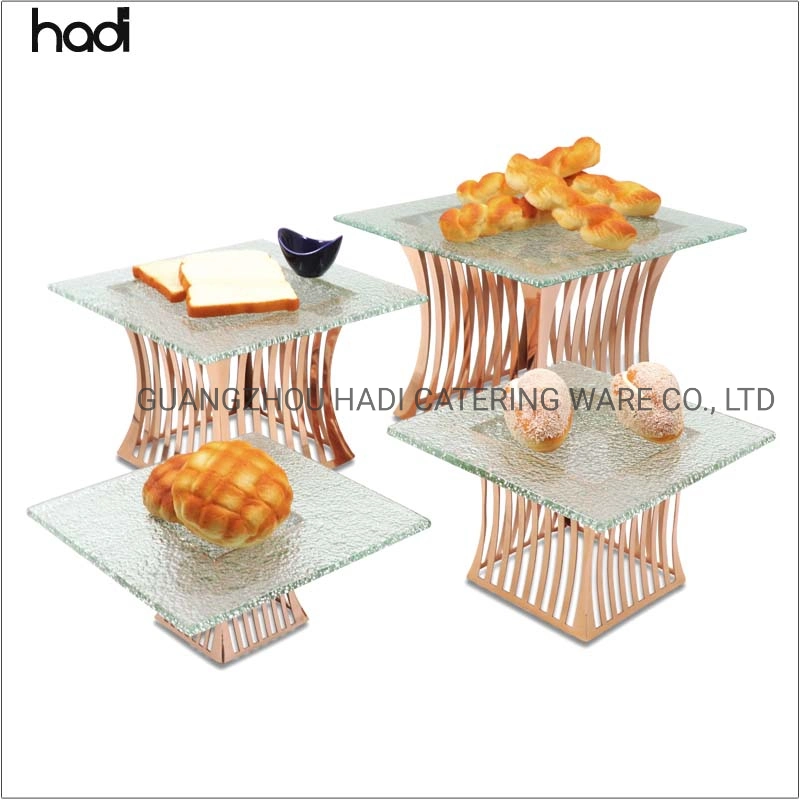 Guangzhou Catering Bodas Tema Desayuno Buffet Stand Square Hotel rack vertical de los alimentos modernos de acero inoxidable Oro Pedestal de Té