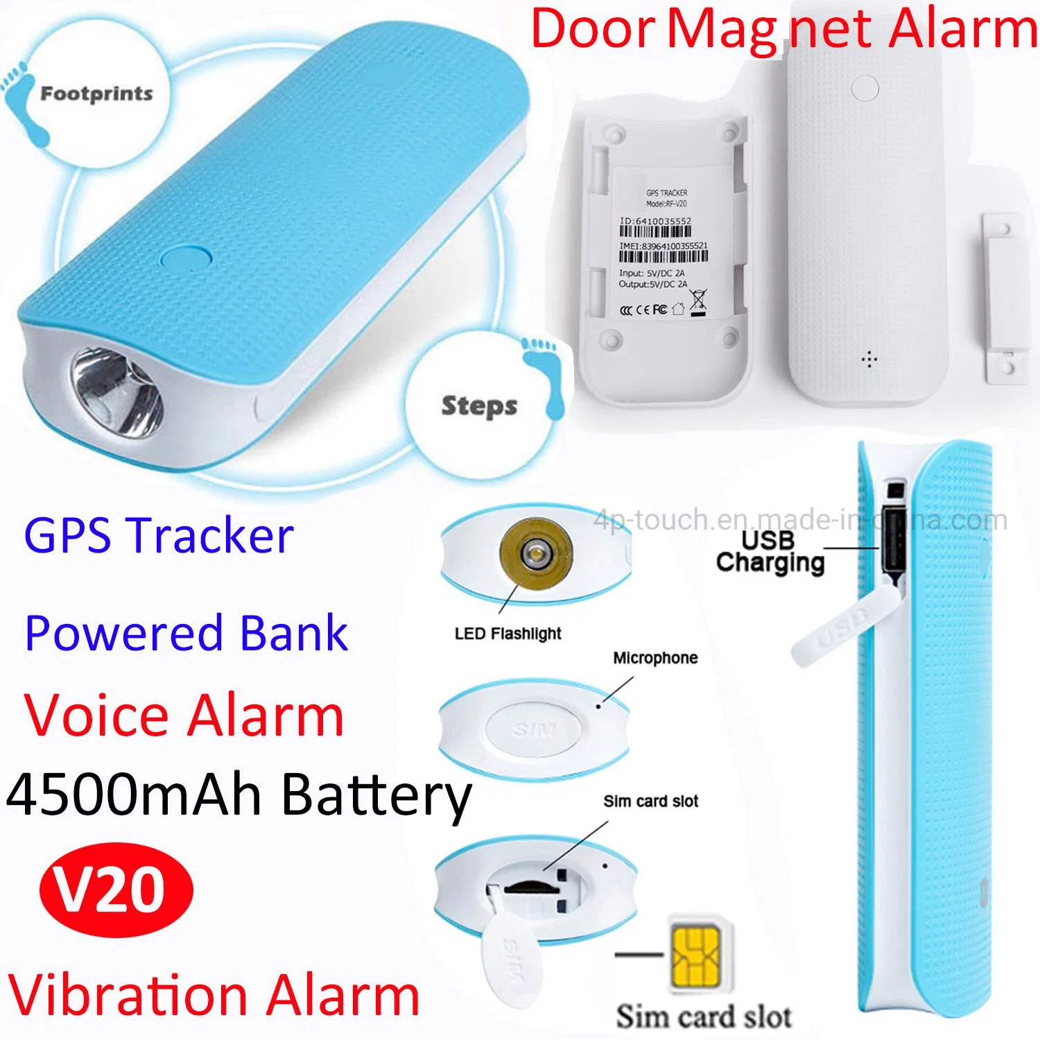 Original Factory 2G GSM 7 em função de 1 Banco de Potência Rastreador GPS Localizador de Caminhadas de GPS com a monitoração de voz V20