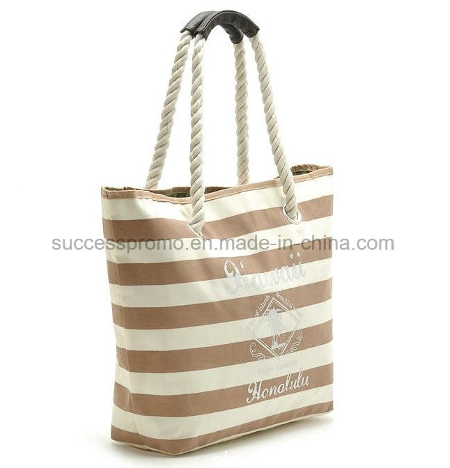 Custom Leisure Striped Canvas Beach Bag with Cotton Rope