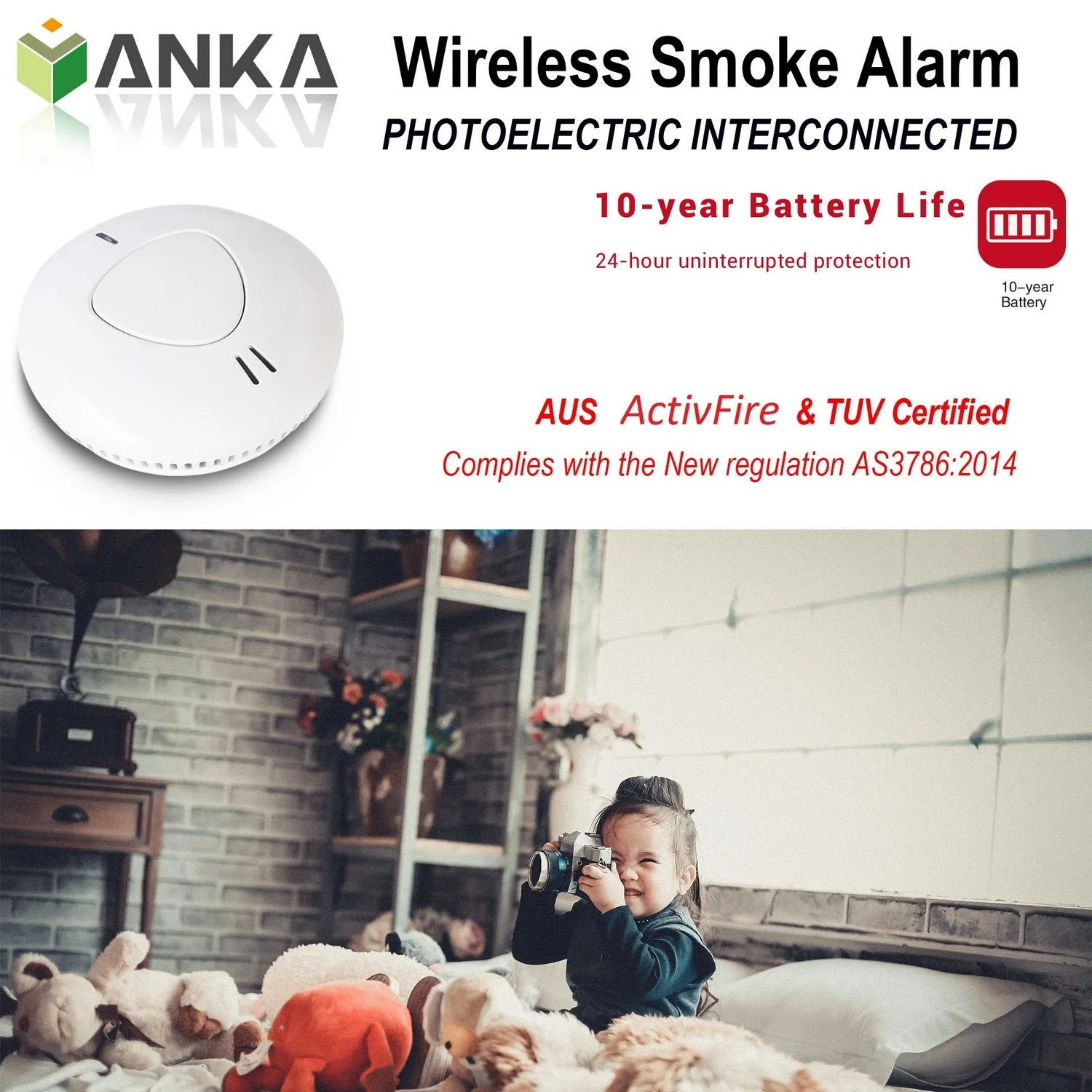 Hot Selling 10 Years Sealed in Battery Powered Interlinked Smoke Alarm Can Linked with Heat Alarm Co Alarm Amazon Hot Sell Alarms