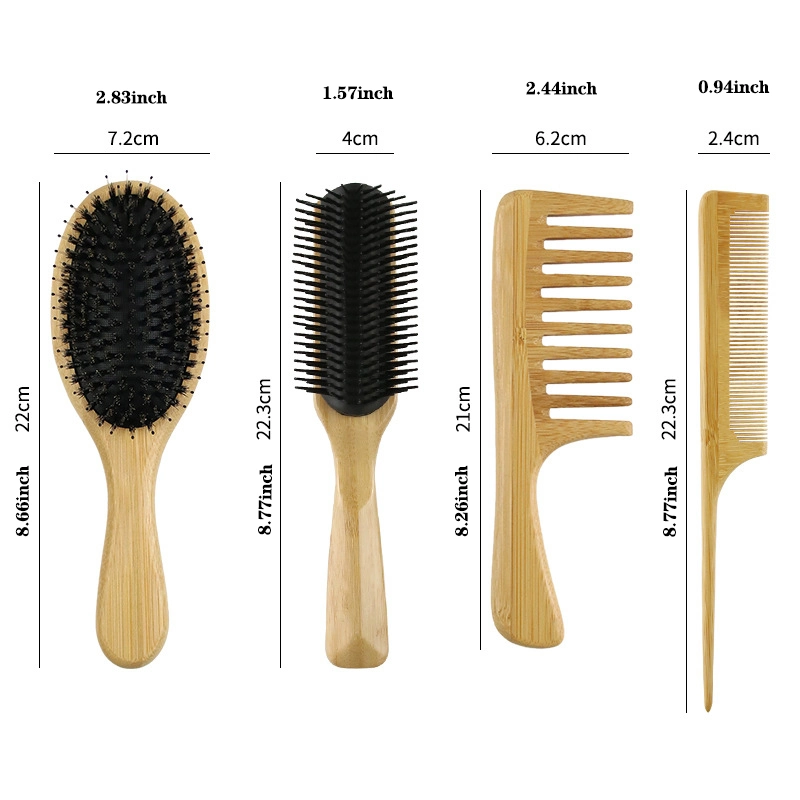 4 in 1 Custom Logo Packing Wide Tooth Comb and Brush Set Natural Bamboo Paddle Detangling Hair Brush Set