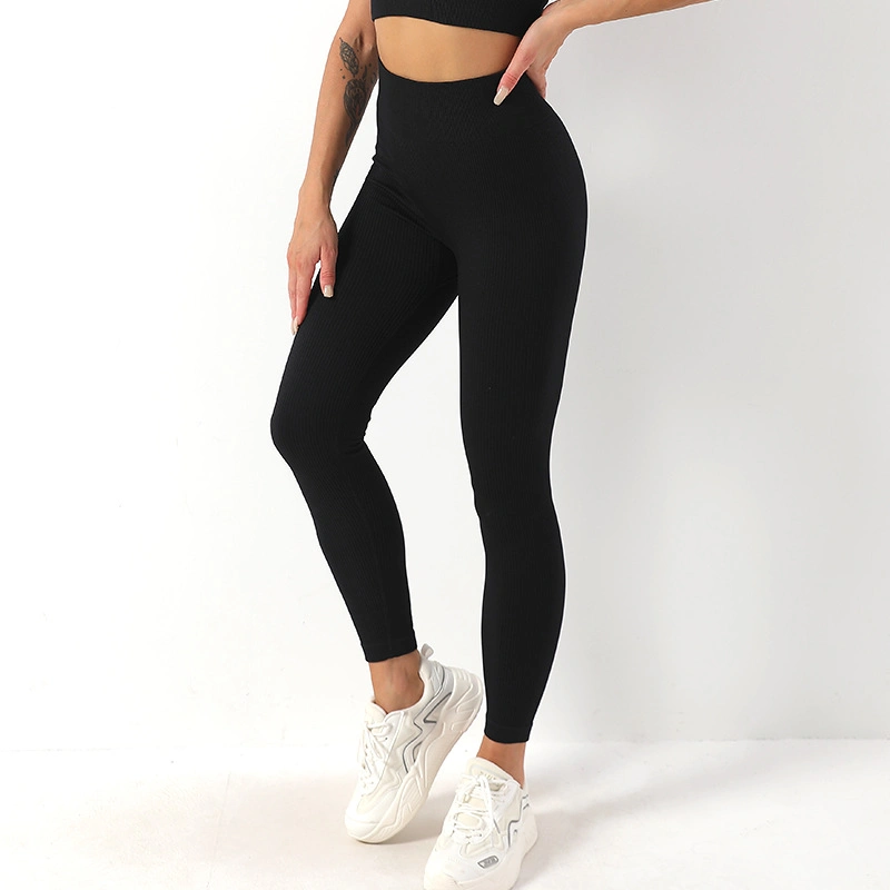 Großhandel Custom Hochwertige Gewinde Elastische Pfirsich Hüfte Fitness Solid Yoga Slim Fit Hose Hohe Taille Nahtlose Yoga Leggings Damen Enge Yoga-Bekleidung