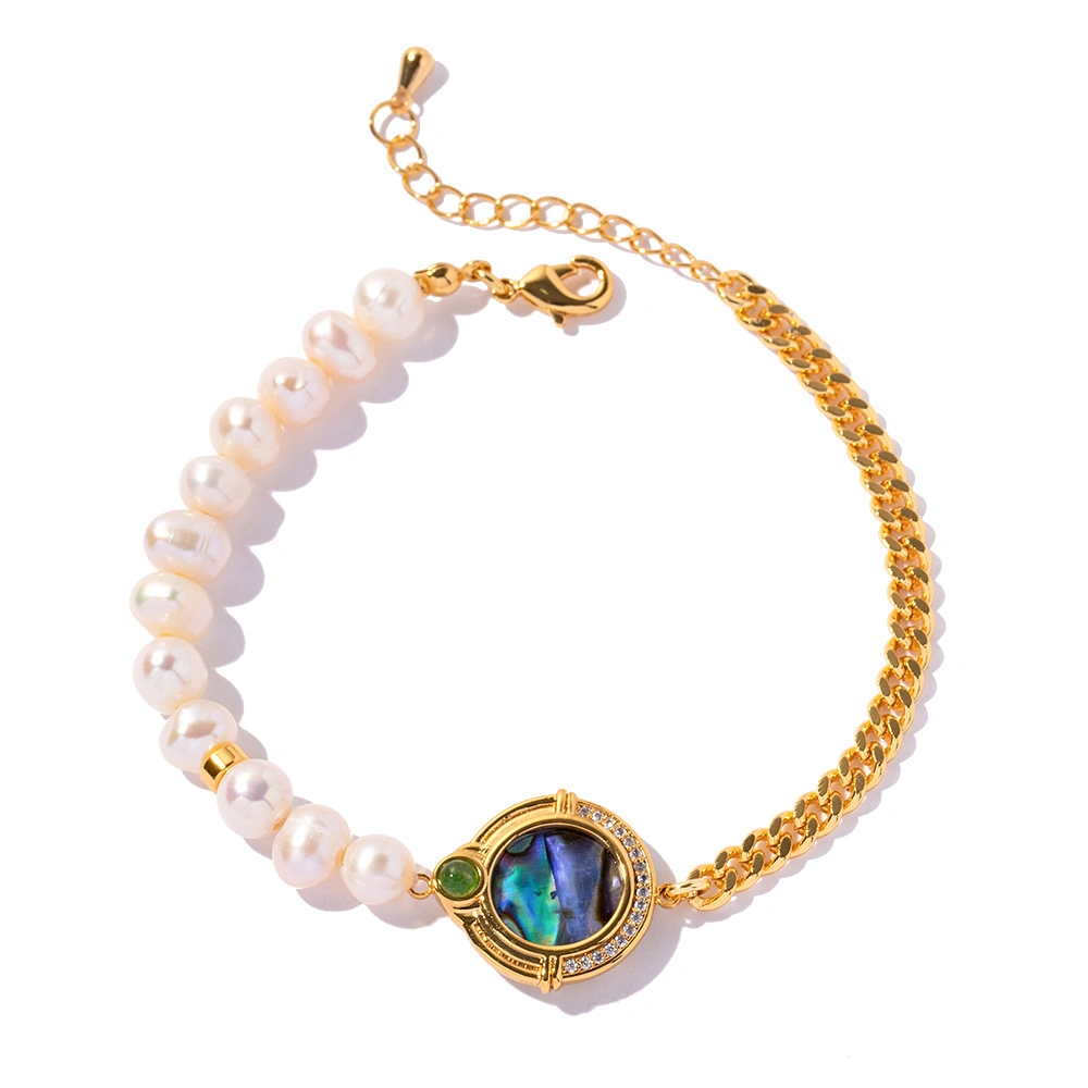 Fashion Gold Plated Brass Round Green Agate Abalone Coin Pendant Freshwater Pearls Chain Necklace and Bracelet Jewelry Set