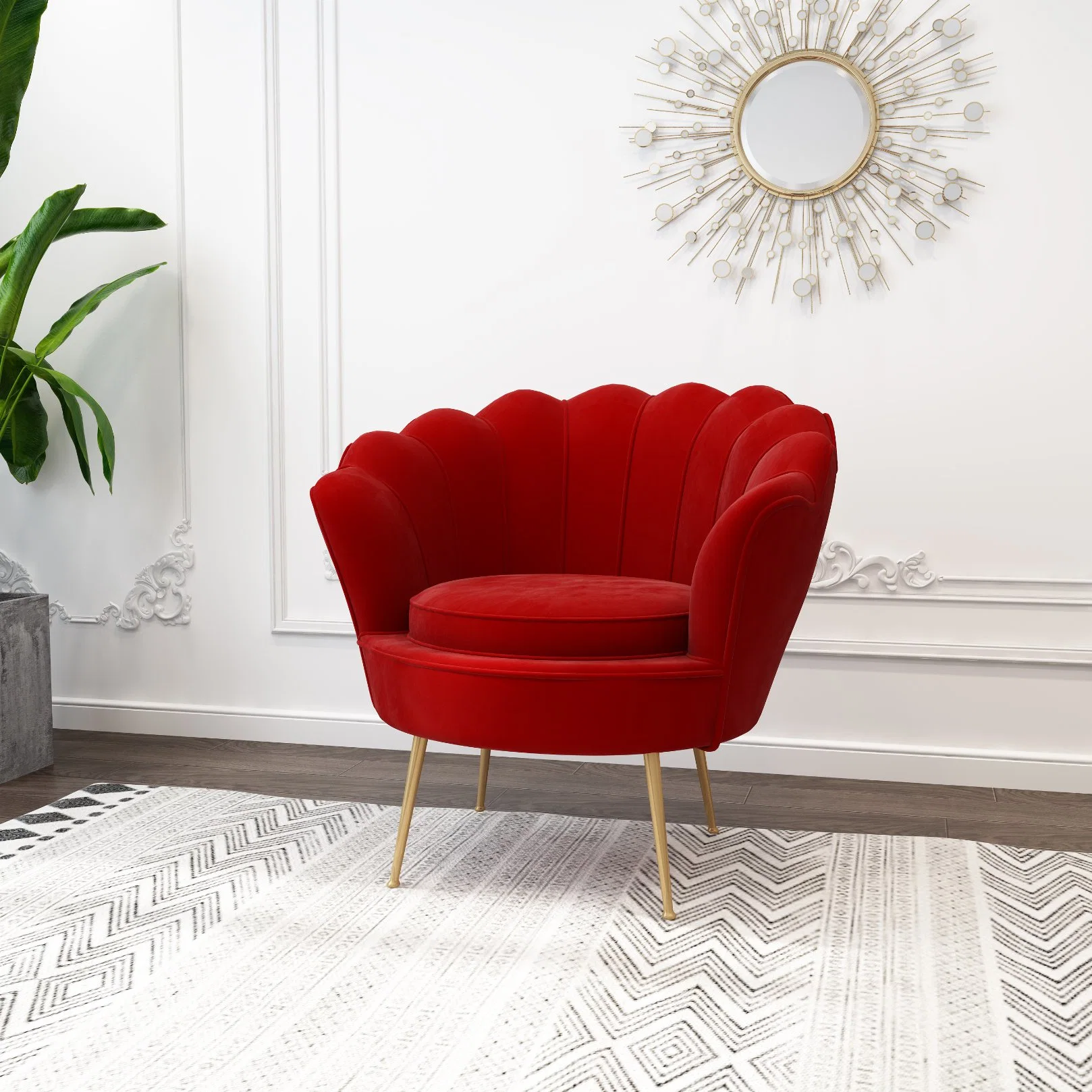 Nordic Style Modern Upholstered Shell Velvet Red Armchair Modern Design Living Room Sofa Chair