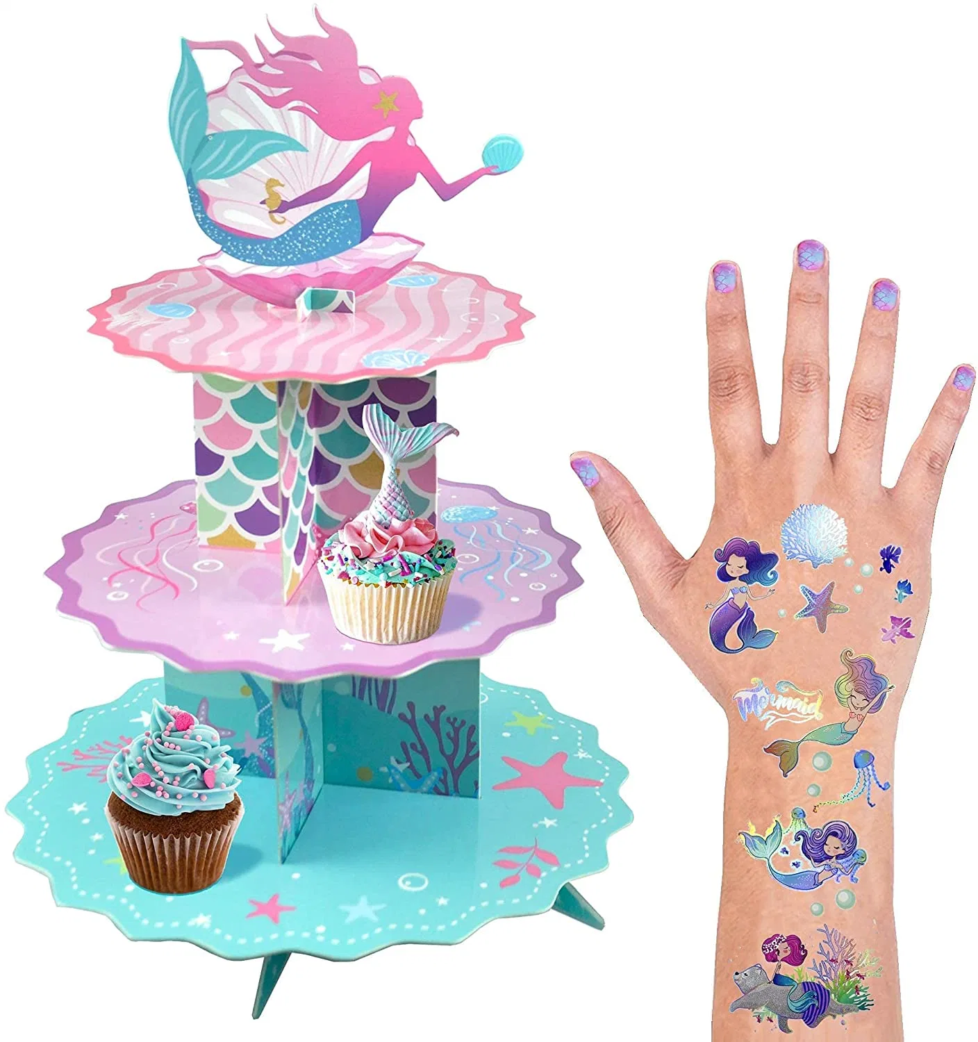 Mermaid Party Favors Supplies Mermaid Cupcake Stand for Girls Mermaid Birthday Decorations Mermaid Baby Shower Decorations Mermaid Decor with Mermaid Tattoo