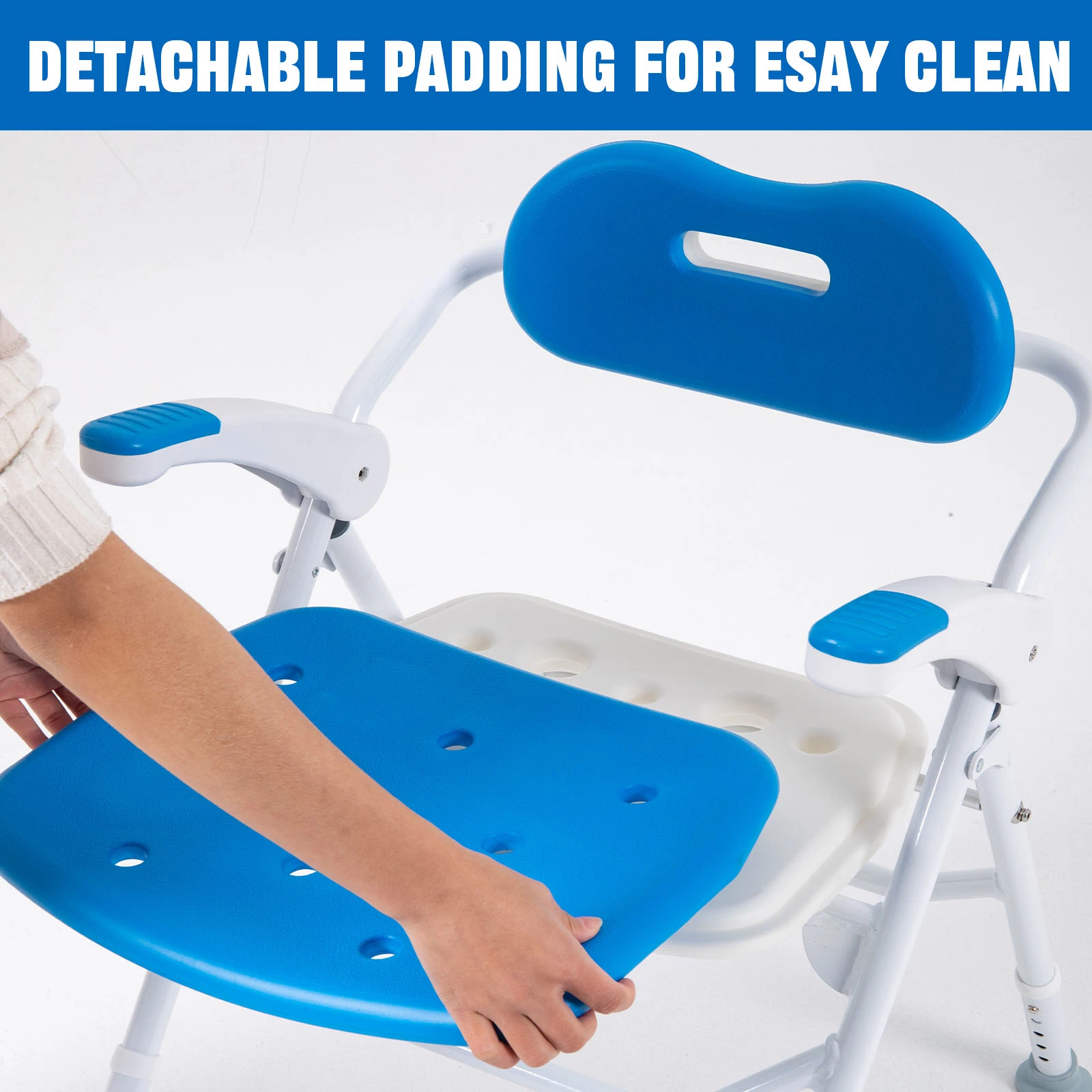 Chaise de douche pliable Heinsy avec accoudoirs et dossier robustes pour personnes âgées handicapées.