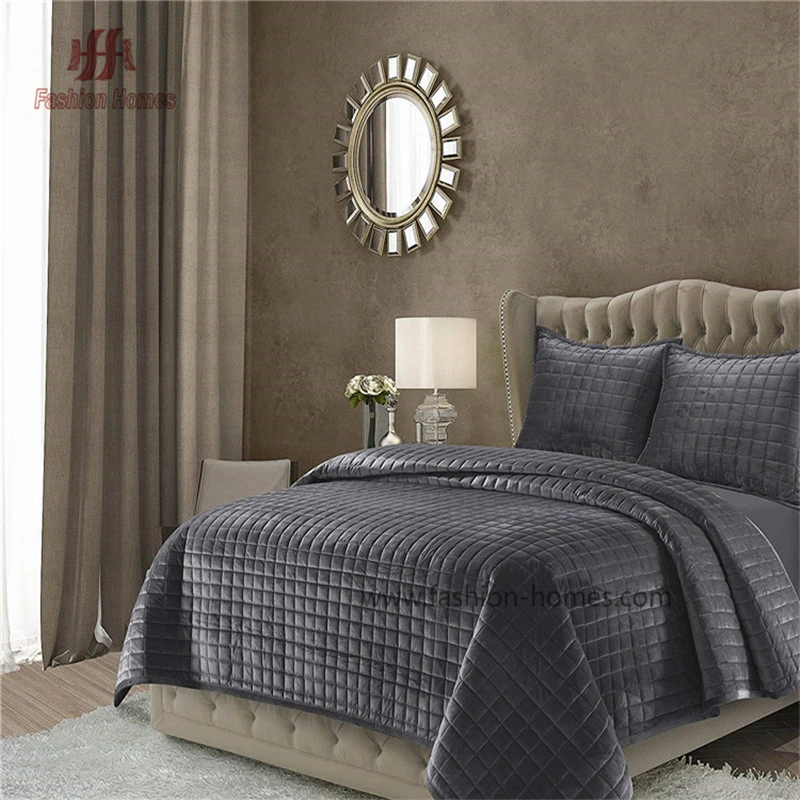 3 Pieces Velvet Check Pattern Ultrasonic Quilts Set Solid Bedspread