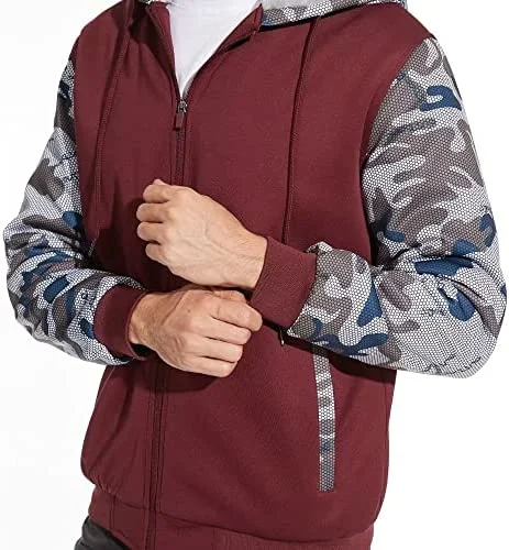 Dos homens Blusa com capuz zíper completo Casaco com revestimento de velo Fuzzy Heavyweight Camo Camisolas Casacos de Inverno