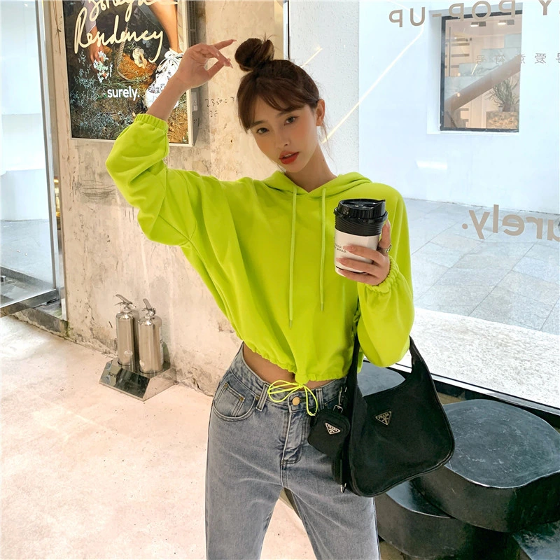 Spring 2022 Korean Version of The New Drawstring High Waist Short Navel Loose Fashion Ins Casual Hooded Sweater