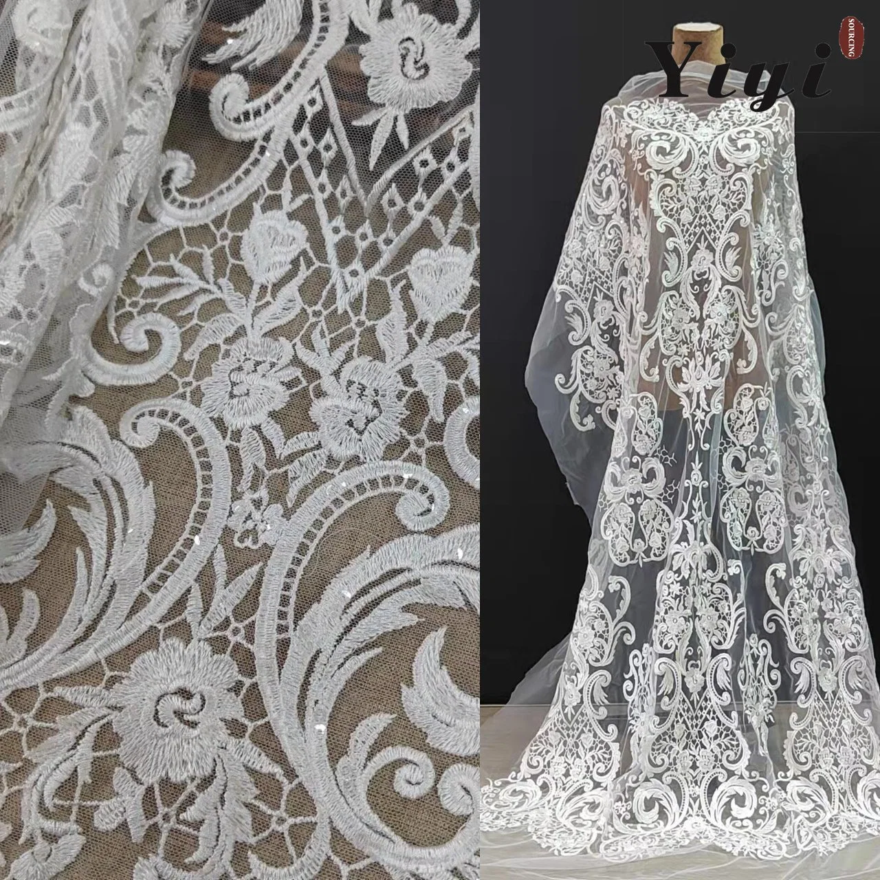 OEM/ODM Customized Fashion Luxury Tulle Bridal Mesh Beaded Lace Fabric Sequin Wedding Dress/Gown Embroidery Embroidered Clothing