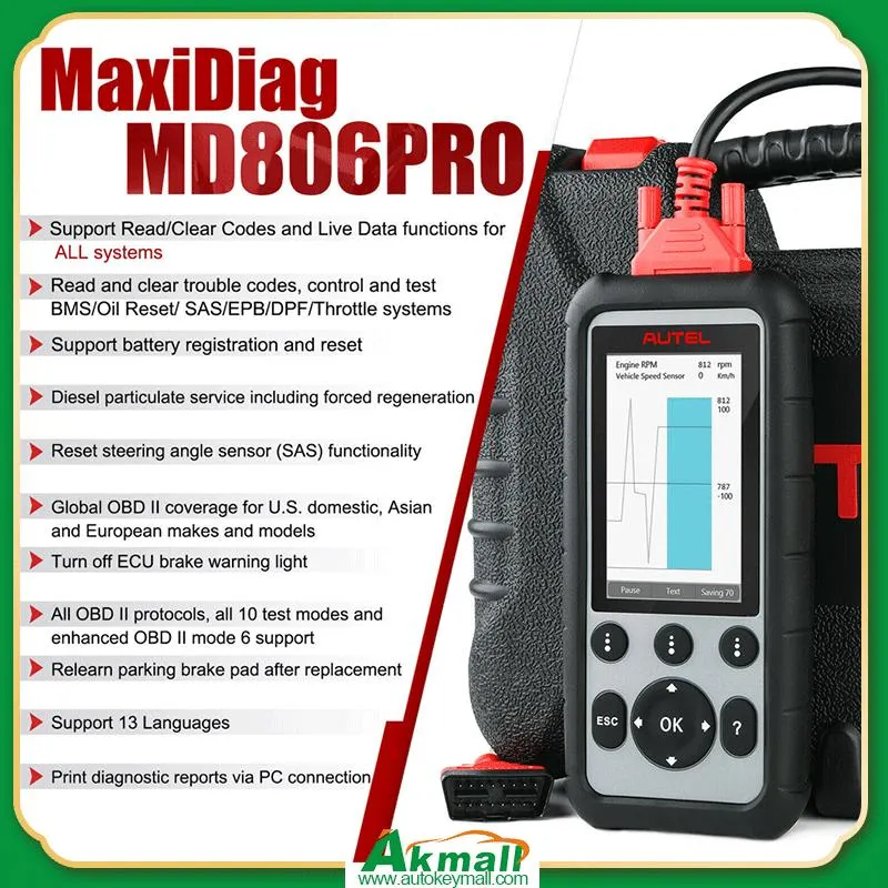 Autel Scanner MD806PRO Diagnose-Scan-Tool komplettes System mit Live-Daten, DTC-Abfrage, kostenloses Update 7 Special Service