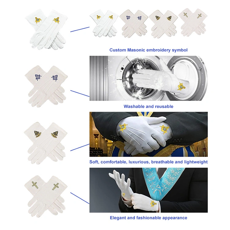 Masonic Freemasons Three Ribs Thick Cotton Stretch Embroidered White Gloves