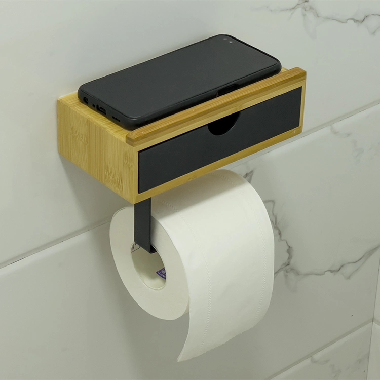 Natural Healthy Wall Mounted Bamboo Toilet Paper Holder with Shelf and Flushable Wet Tissue Storage for Bathroom