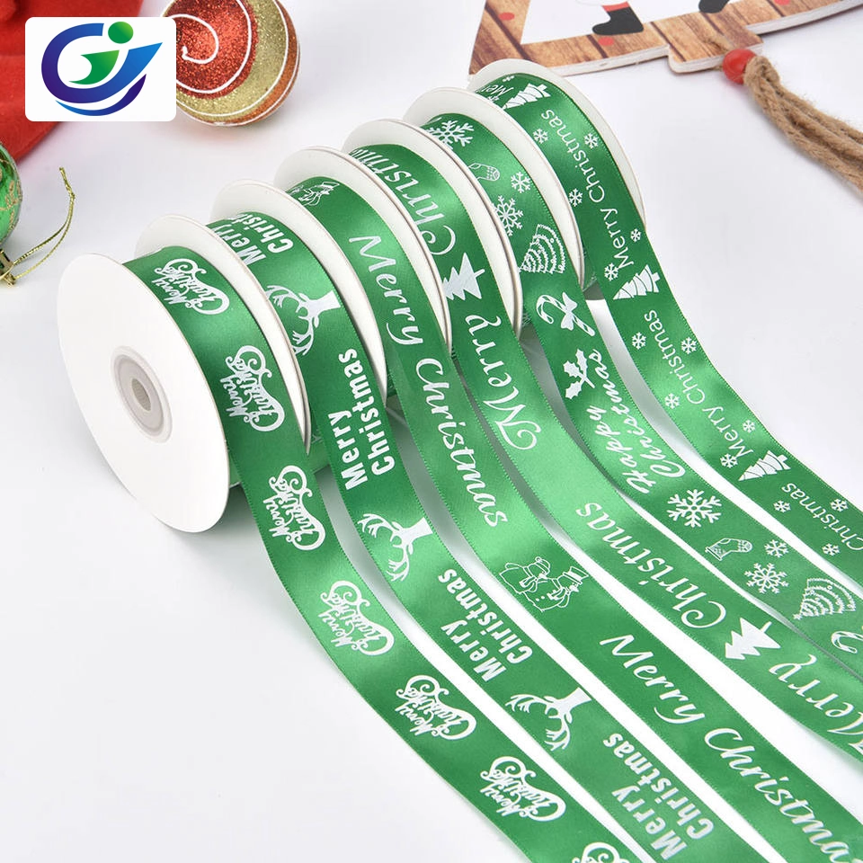 Foil Gold Printed Xmas Tree Deer Santa Claus Snowman Grosgrain Stain Ribbon for Packing OEM Factory