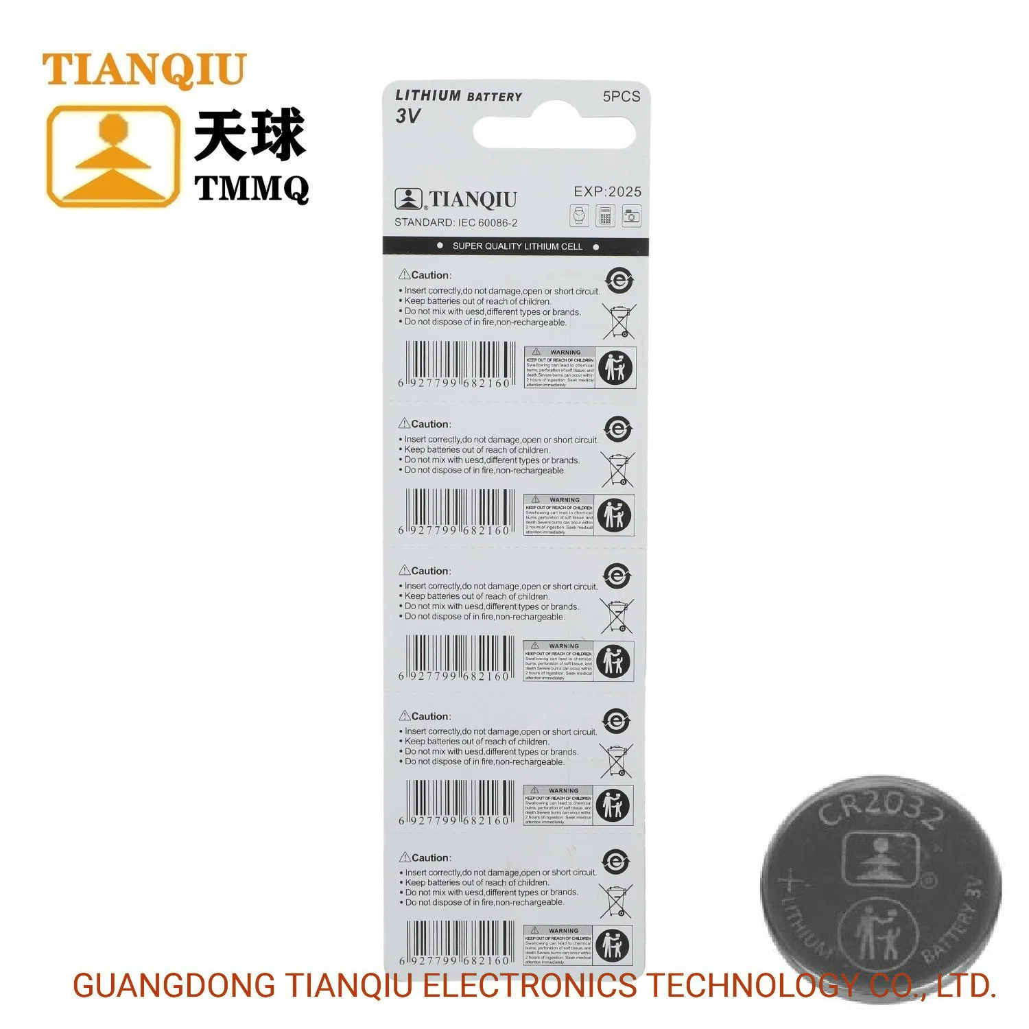 Batería de litio Tianqiu CR2032 batería de 3V botones batería seca En precio de fábrica CR2025 CR2016 CR1620 CR1616 CR1632 CR1220 CR2450 Cr927 Reloj Plas