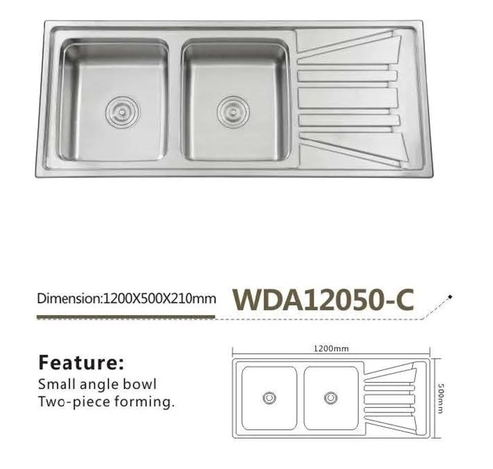 Stainless Steel Sink Factory Kitchen Sink Double Bowl Single Drain OEM Walnut Wda12050-C