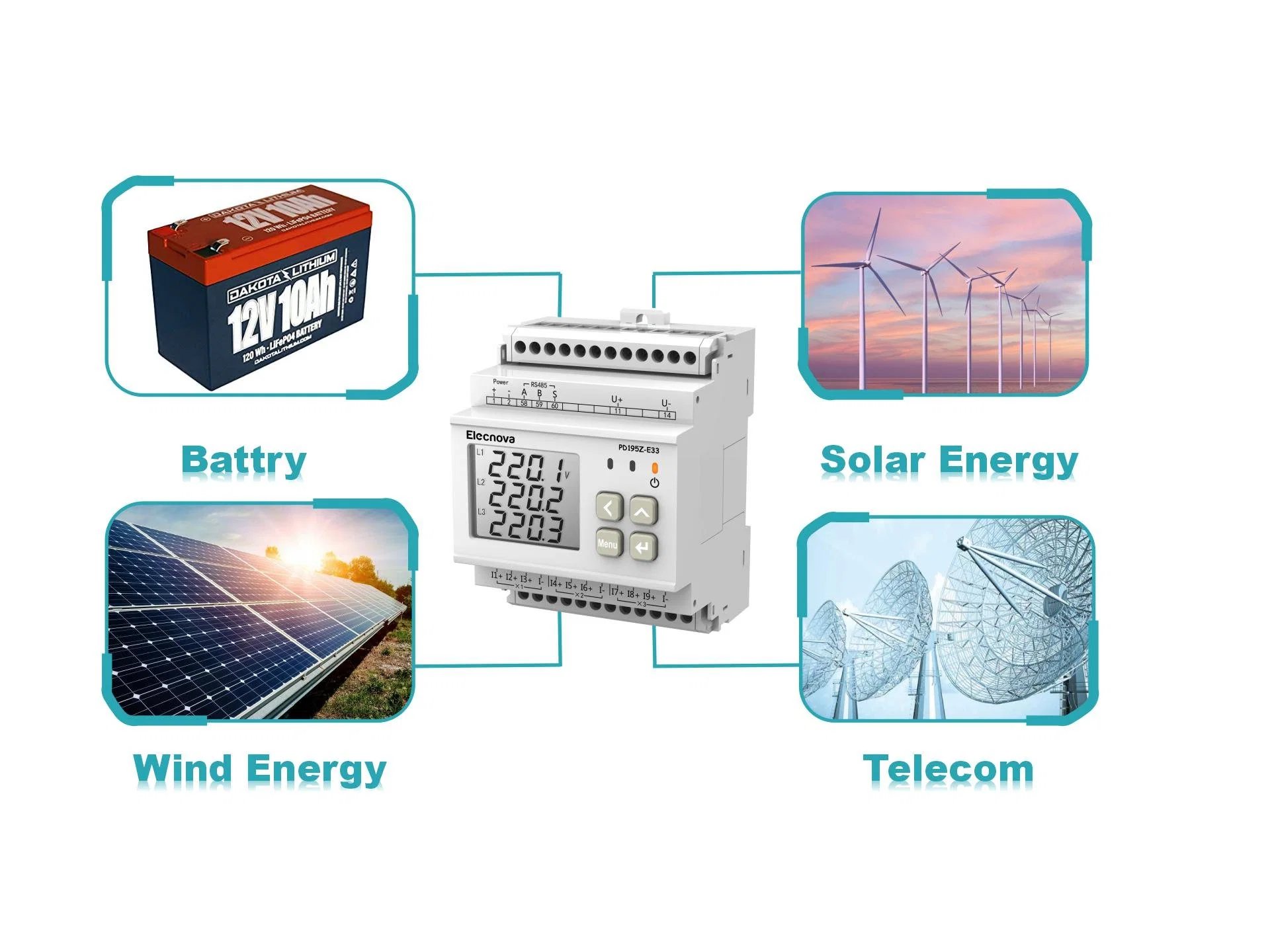 Registrador de datos digital DC DIN montado en carril 16 multicanal Medidor de energía