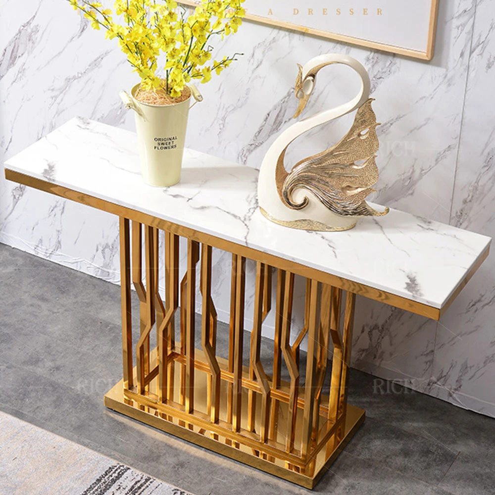 Living Room Hall Marble Top Entryway Stainless Steel Gold Metal Frame Marble Hallway Console Table