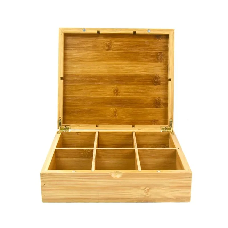 6 Compartments Houseware and Kitchen Acacia Wood Tea and Coffee Bag Box with Acrylic Lid