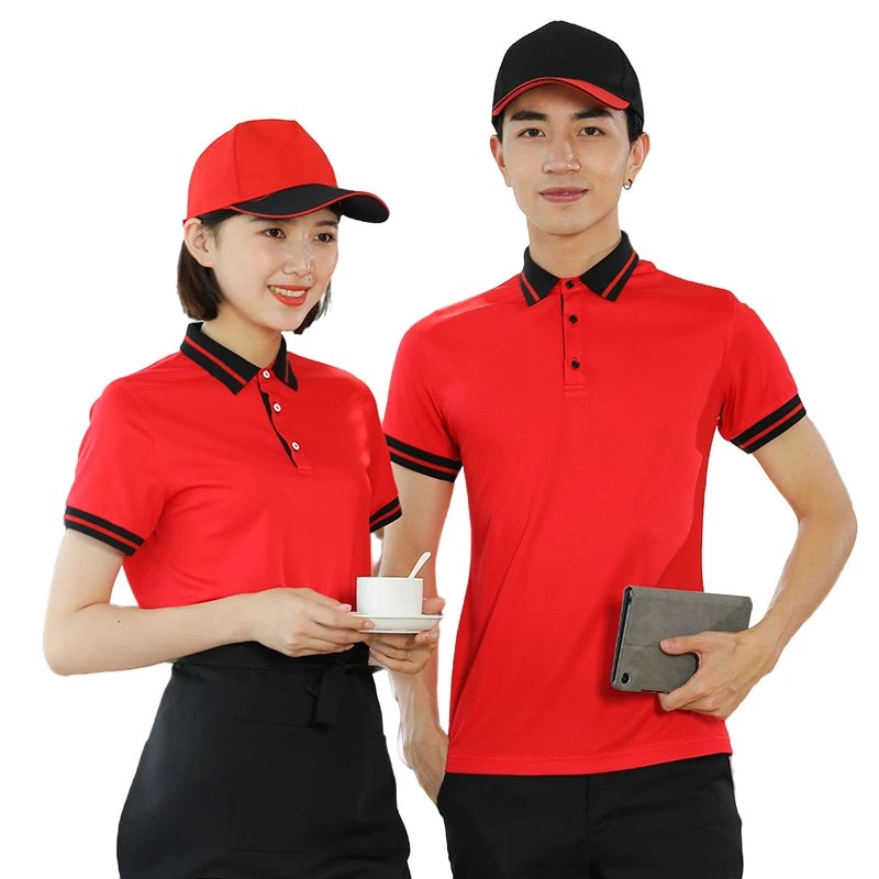 The Latest Chinese Lively Big Red Passionate Slim Short-Sleeved Shirt Restaurant Catering Uniform Set Chef Clothing Workwear